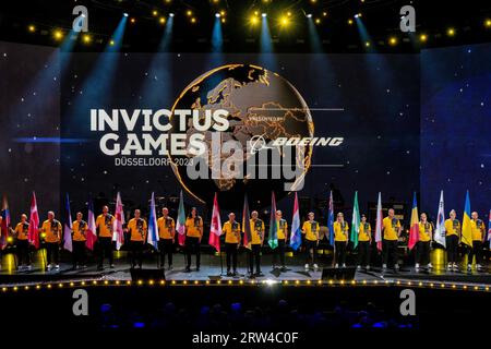 Dusseldorf, Germany. 16th Sep, 2023. Flags during the closing ceremony of Invictus Games 2023 at the Merkur Spiel-Arena in Dusseldorf. (Photo by DPPA/Sipa USA) Credit: Sipa US/Alamy Live News