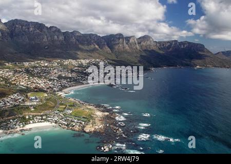 Aerial view of the Twelve Apostles, part of Table Mountain. In front of it the suburb of Camps Bay in Cape Town, South Africa Stock Photo