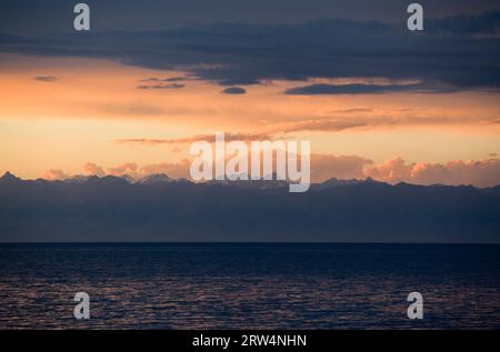 Issyk-Kyl lake at sunset, Kirgizia Stock Photo