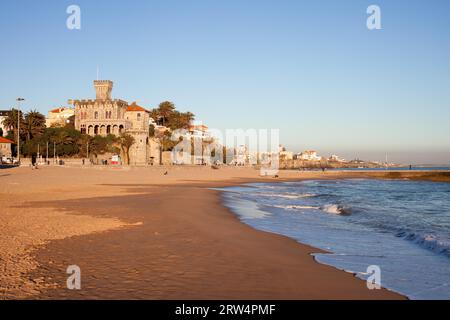 Tamariz Beach overlooked by a castle in resort town of Estoril, near Lisbon in Portugal Stock Photo