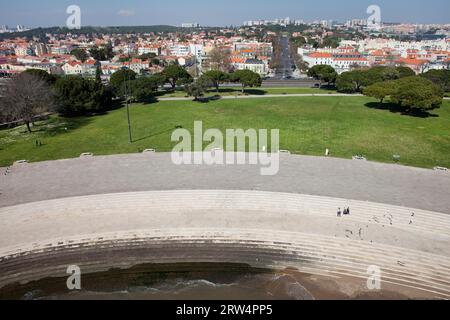 City of Lisbon in Portugal, view over Belem district from the top of Torre de Belem Stock Photo