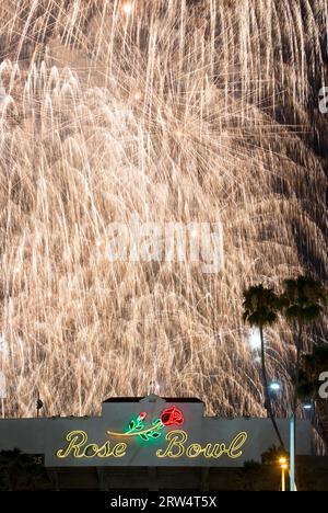 Los Angeles, USA, 4 July: July 4th fireworks and celebrations over the Rose Bowl in Pasadena in 2014 Stock Photo
