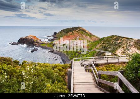 The famous Cape Schanck boardwalk runs towards the sea and rock formation known as London Bridge, in Victora. Australia Stock Photo