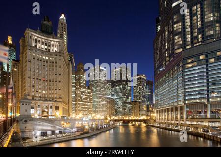 Chicago River at Dusk from the Wrigley Building looking towards Lower Wacker Drive in Illinois, USA Stock Photo