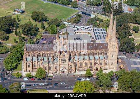 An aerial view of St Mary's Cathedral on a clear sunny day in Sydney, NSW, Australia Stock Photo