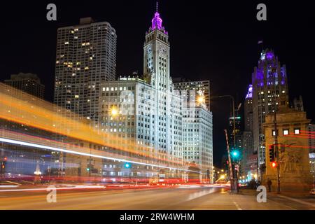 Chicago, USA, November 20th 2013: Chicago River at Dusk from the Wrigley Building looking towards Lower Wacker Drive Stock Photo