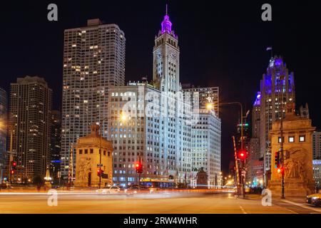 Chicago, USA, November 20th 2013: Chicago River at Dusk from the Wrigley Building looking towards Lower Wacker Drive Stock Photo