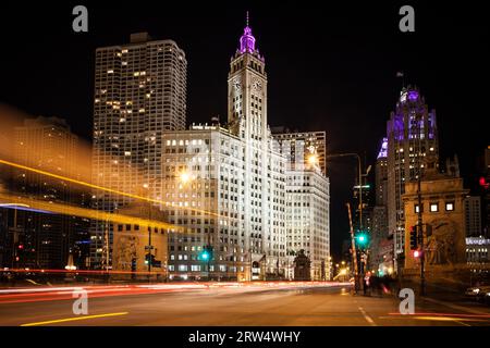 Chicago, USA, November 20th 2013: Chicago River at Dusk from the Wrigley Building looking towards Lower Wacker Drive Stock Photo