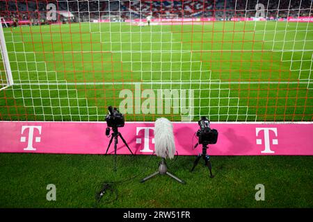 Back goal cameras, Telekom logo, goal net, Allianz Arena, Munich, Bavaria, Germany Stock Photo