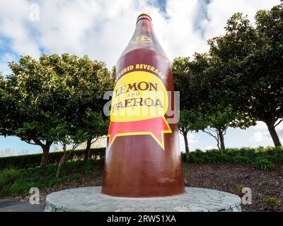 Lemon and Paeroa giant bottle, favorite drink in New Zealand. Paeroa, New Zealand - September 17, 2023 Stock Photo