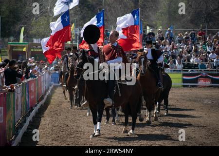 Santiago, Metropolitana, Chile. 16th Sep, 2023. Chilean horseback riders, called Huasos, perform during the Independence Day celebrations in Santiago, Chile. (Credit Image: © Matias Basualdo/ZUMA Press Wire) EDITORIAL USAGE ONLY! Not for Commercial USAGE! Stock Photo