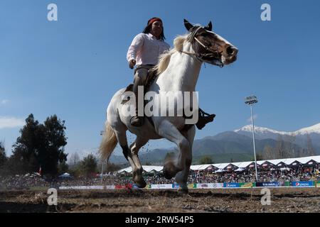 Santiago, Metropolitana, Chile. 16th Sep, 2023. A man personifying the Mapuche people perform during the Independence Day celebrations in Santiago, Chile. (Credit Image: © Matias Basualdo/ZUMA Press Wire) EDITORIAL USAGE ONLY! Not for Commercial USAGE! Stock Photo