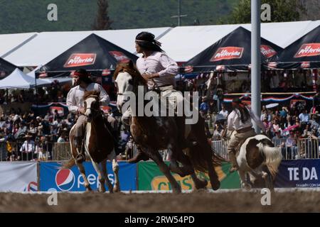 Santiago, Metropolitana, Chile. 16th Sep, 2023. Men impersonating the Mapuche people perform during the Independence Day celebrations in Santiago, Chile. (Credit Image: © Matias Basualdo/ZUMA Press Wire) EDITORIAL USAGE ONLY! Not for Commercial USAGE! Stock Photo