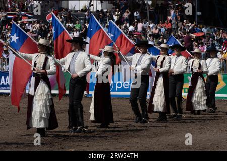 Santiago, Metropolitana, Chile. 16th Sep, 2023. Chilean horseback riders, called Huasos, perform during the Independence Day celebrations in Santiago, Chile. (Credit Image: © Matias Basualdo/ZUMA Press Wire) EDITORIAL USAGE ONLY! Not for Commercial USAGE! Stock Photo