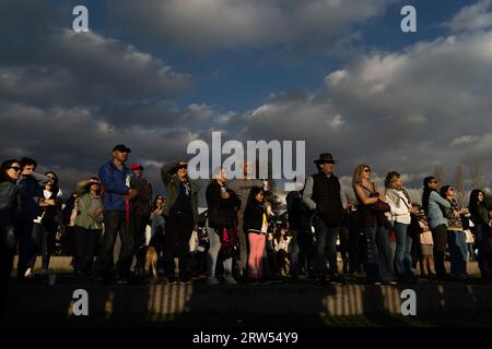 Santiago, Metropolitana, Chile. 16th Sep, 2023. People watch a performance during the Independence Day celebrations in Santiago, Chile, at sunset. (Credit Image: © Matias Basualdo/ZUMA Press Wire) EDITORIAL USAGE ONLY! Not for Commercial USAGE! Stock Photo