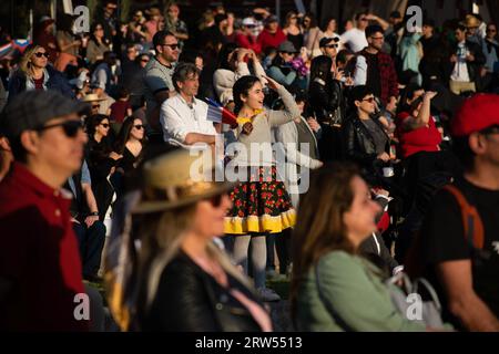 Santiago, Metropolitana, Chile. 16th Sep, 2023. A girl reacts during an equestrian performance at the Independence Day celebrations in Santiago, Chile. (Credit Image: © Matias Basualdo/ZUMA Press Wire) EDITORIAL USAGE ONLY! Not for Commercial USAGE! Stock Photo