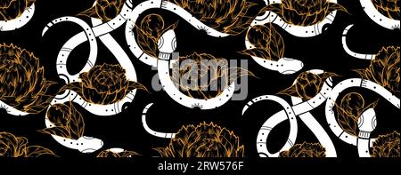 Vector seamless pattern with white snake silhouettes with tribal decorations and peonies on a black background. Mystical decorative texture Stock Vector