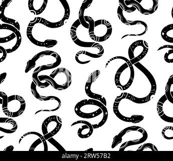 Vector seamless pattern with black celestial snake silhouettes with mystic decorations and stars on a white background. Magic texture with serpents Stock Vector