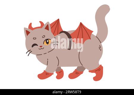 Halloween cat. Grey kitten in Dracula costume. Happy halloween costume illustration. Stock Vector