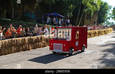 Prague, Czech Republic. 16th Sep, 2023. A competitor drives a mail car-shaped vehicle during the Red Bull Kary race, a competition of handcrafted, non-motorized vehicles, in Prague, the Czech Republic, on Sept. 16, 2023. A total of 40 selected teams presented their home-made vehicles during the event at Park Kralovka in the Czech capital on Saturday. Credit: Dana Kesnerova/Xinhua/Alamy Live News Stock Photo