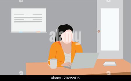 Remote working or work from home concept with a woman using a laptop  flat cartoon colored vector illustration Stock Vector