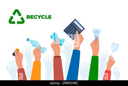 Raised hands with various trash. Garbage sorting. Zero waste, environment protection concept. Vector illustration Stock Vector