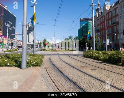 Red trams in the centre of Katowice, Poland Stock Photo