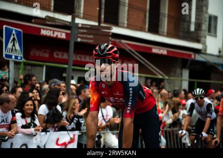 Guadarrama, Madrid, Spain. 16th Sep, 2023. Filippo Ganna (Ineos Grenadiers) at the end of the stage 20 of the Spanish bicycle race La Vuelta on September 16, 2023 in Guadarrama, Spain (Credit Image: © Alberto Gardin/ZUMA Press Wire) EDITORIAL USAGE ONLY! Not for Commercial USAGE! Stock Photo