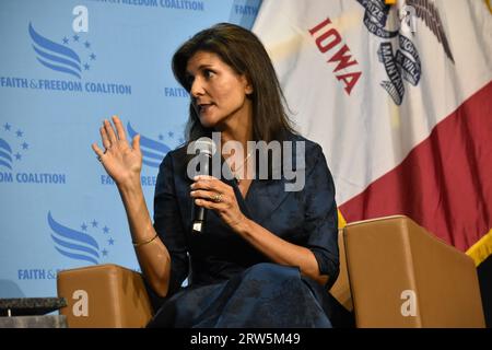 Des Moines, United States. 16th Sep, 2023. Nikki Haley delivers remarks in Des Moines. Presidential candidates court Iowa evangelicals at the Iowa Faith & Freedom Coalition's 3rd Annual Fall Banquet. (Photo by Kyle Mazza/SOPA Images/Sipa USA) Credit: Sipa USA/Alamy Live News Stock Photo