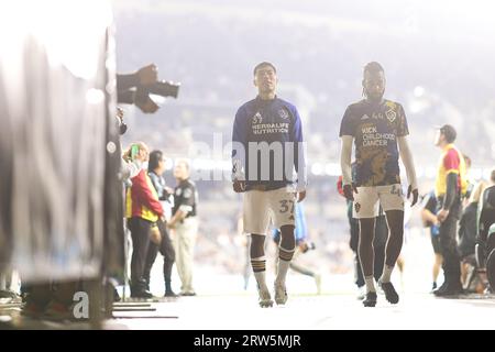 Los Angeles, California, USA. 16th Sep, 2023. Los Angeles Galaxy midfielder DANIEL AGUIRRE (37) and forward RAHEEM EDWARDS (44) walk towards the locker room before a MLS soccer match between Los Angeles Galaxy and Los Angeles FC at BMO Stadium in Los Angeles, California. (Credit Image: © Brenton Tse/ZUMA Press Wire) EDITORIAL USAGE ONLY! Not for Commercial USAGE! Stock Photo