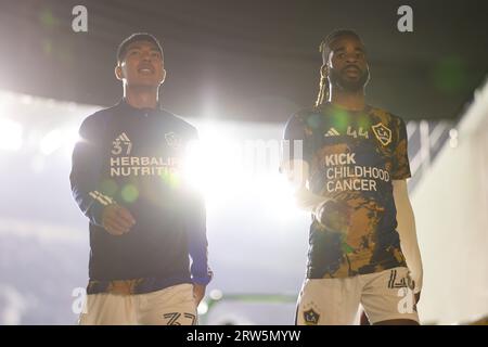 Los Angeles, California, USA. 16th Sep, 2023. Los Angeles Galaxy midfielder DANIEL AGUIRRE (37) and forward RAHEEM EDWARDS (44) walk towards the locker room before a MLS soccer match between Los Angeles Galaxy and Los Angeles FC at BMO Stadium in Los Angeles, California. (Credit Image: © Brenton Tse/ZUMA Press Wire) EDITORIAL USAGE ONLY! Not for Commercial USAGE! Stock Photo