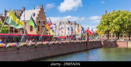 Panorama of the provincial flags at the Hofvijver pond in Den Haag, Netherlands Stock Photo