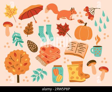 Fall season color elements. Vector isolated elements. Backgrounds, wallpapers, patterns. Trendy illustration. Stock Vector