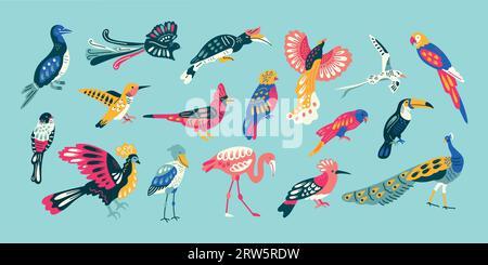 Hand drawn birds color element. Abstract exotic animals Stock Vector