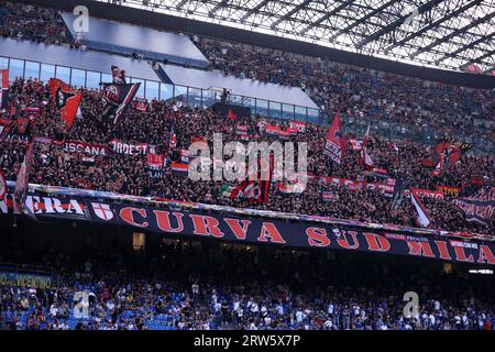 Milano, Italy. 16th Sep, 2023. Supporters of Ac Milan are seen during the Serie A match beetween Fc Internazionale and Ac Milan at Stadio Giuseppe Meazza on September 16 2023 in Milan Italy . Credit: Marco Canoniero/Alamy Live News Stock Photo