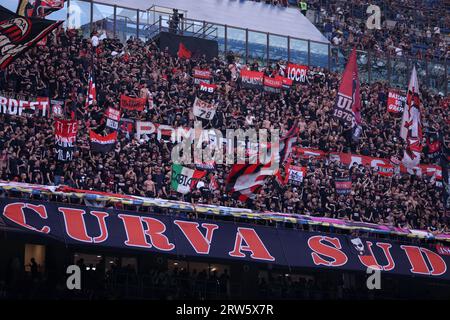 Milano, Italy. 16th Sep, 2023. Supporters of Ac Milan are seen during the Serie A match beetween Fc Internazionale and Ac Milan at Stadio Giuseppe Meazza on September 16 2023 in Milan Italy . Credit: Marco Canoniero/Alamy Live News Stock Photo