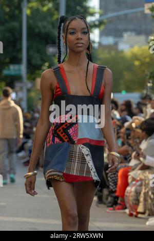 New York, New York, USA. 16th Sep, 2023. (NEW) Edwing D'Angelo Atelier - Runway - New York Fashion Week - September 2023. September 16, 2023, New York, New York, USA: A model walks the runway at the Edwing D'Angelo fashion show on a Harlem Street during New York Fashion Week September 2023 on September 16, 2023 in New York City. (Credit: M10s/TheNews2) (Foto: M10s/Thenews2/Zumapress) (Credit Image: © Ron Adar/TheNEWS2 via ZUMA Press Wire) EDITORIAL USAGE ONLY! Not for Commercial USAGE! Stock Photo