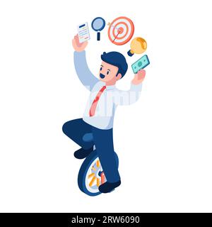 Flat 3d Isometric Businessman Riding Unicycle and Doing Multitasking Work. Multitasking Work and Time Management Concept. Stock Vector