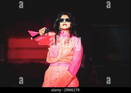 MEXICO, MEXICO CITY, AXE CEREMONIA 2023: The British rapper, record producer, and singer M.I.A. (real name Mathangi 'Maya' Arulpragasam) performing live on stage at the CEREMONIA 2023 cultural/musical festival. Stock Photo