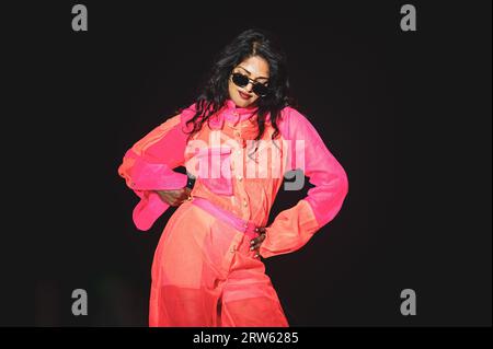 MEXICO, MEXICO CITY, AXE CEREMONIA 2023: The British rapper, record producer, and singer M.I.A. (real name Mathangi 'Maya' Arulpragasam) performing live on stage at the CEREMONIA 2023 cultural/musical festival. Stock Photo