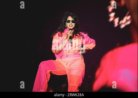 MEXICO, MEXICO CITY, AXE CEREMONIA 2023: The British rapper, record producer, and singer M.I.A. (real name Mathangi 'Maya' Arulpragasam) performing live on stage at the CEREMONIA 2023 cultural/musical festival. Stock Photo