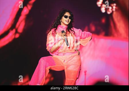 MEXICO, MEXICO CITY, AXE CEREMONIA 2023: The British rapper, record producer, and singer M.I.A. (real name Mathangi 'Maya' Arulpragasam) performing live on stage at the CEREMONIA 2023 cultural/musical festival. Stock Photo