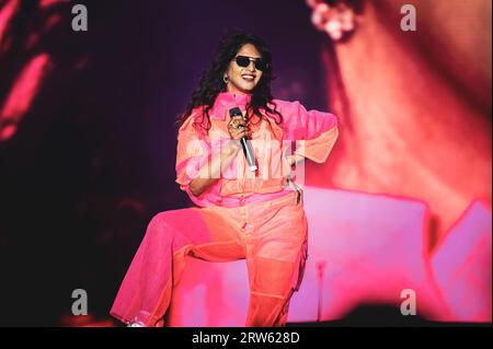 MEXICO, MEXICO CITY, AXE CEREMONIA 2023: The British rapper, record producer, and singer M.I.A. (real name Mathangi 'Maya' Arulpragasam) performing live on stage at the CEREMONIA 2023 cultural/musical festival. Stock Photo