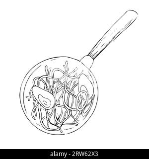 Noodles with vegetables and eggs, Hawaiian cuisine. hand drawn top view illustration. Stock Photo