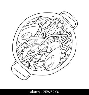 Noodles with vegetables and eggs, Hawaiian cuisine. hand drawn top view illustration. Stock Photo