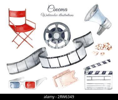 Cinema. Set of watercolor illustrations isolated on white background. Film and director's chair Stock Photo