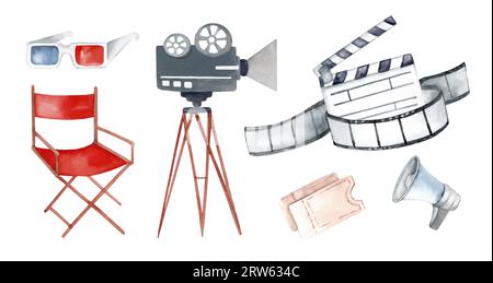 Cinema. Set of watercolor illustrations isolated on white background. Film, director's chair and camera Stock Photo