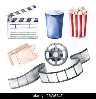 Cinema. Set of watercolor illustrations isolated on white background. Film, movie ticket and popcorn Stock Photo