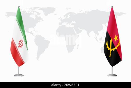Iran and Angola flags for official meeting against background of world map. Stock Vector