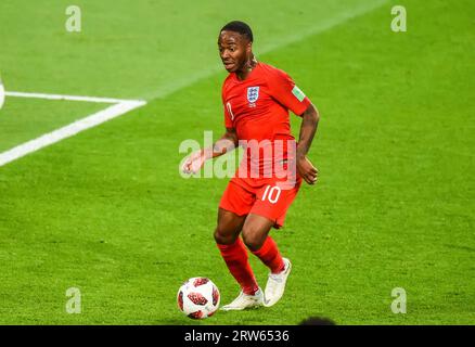 Moscow, Russia – July 3, 2018. England national football team winger Raheem Sterlin in action during World Cup 2018 Round of 16 match Colombia vs Engl Stock Photo